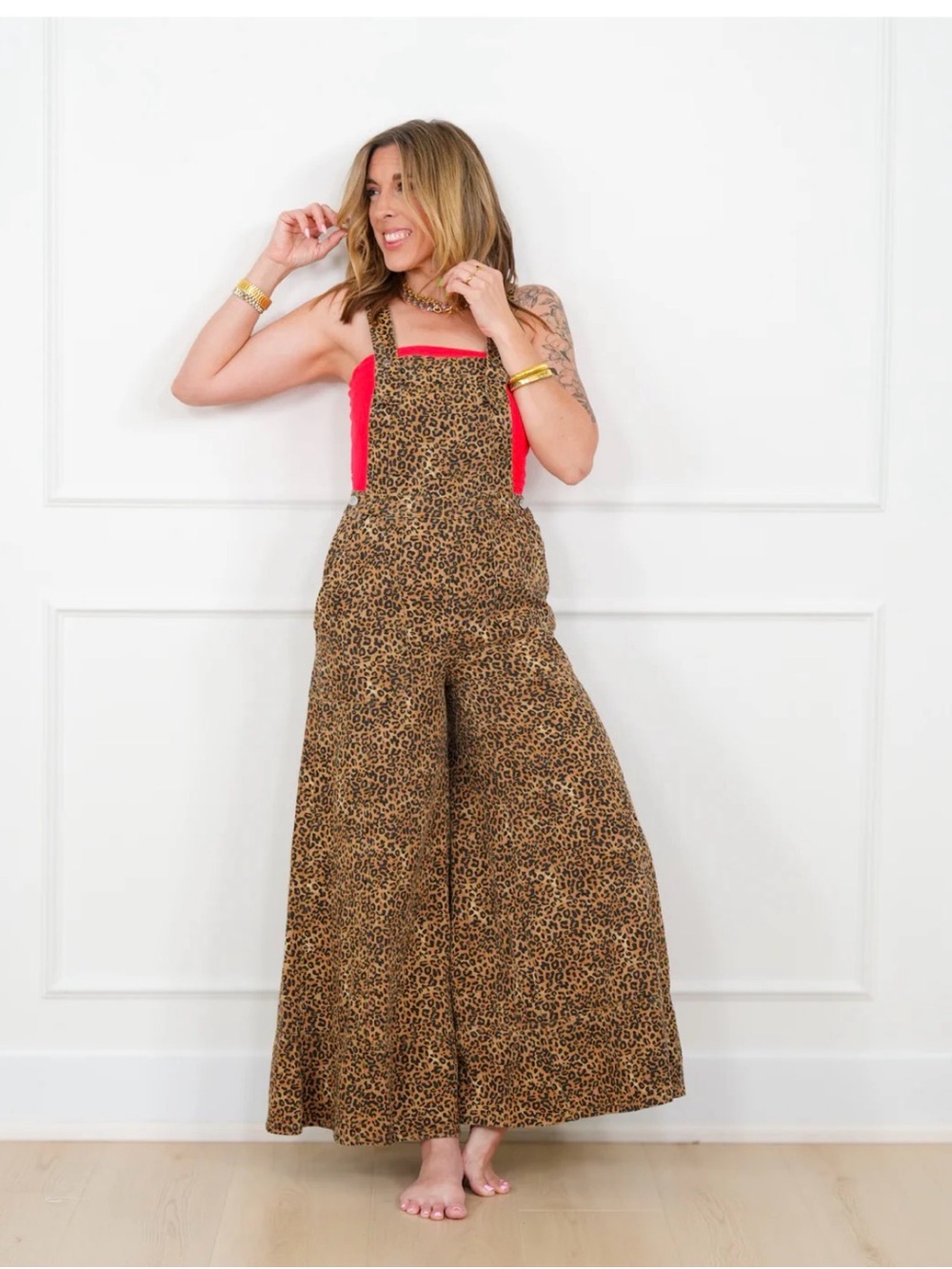 Leopard Print Wide-Leg Overalls - Brown